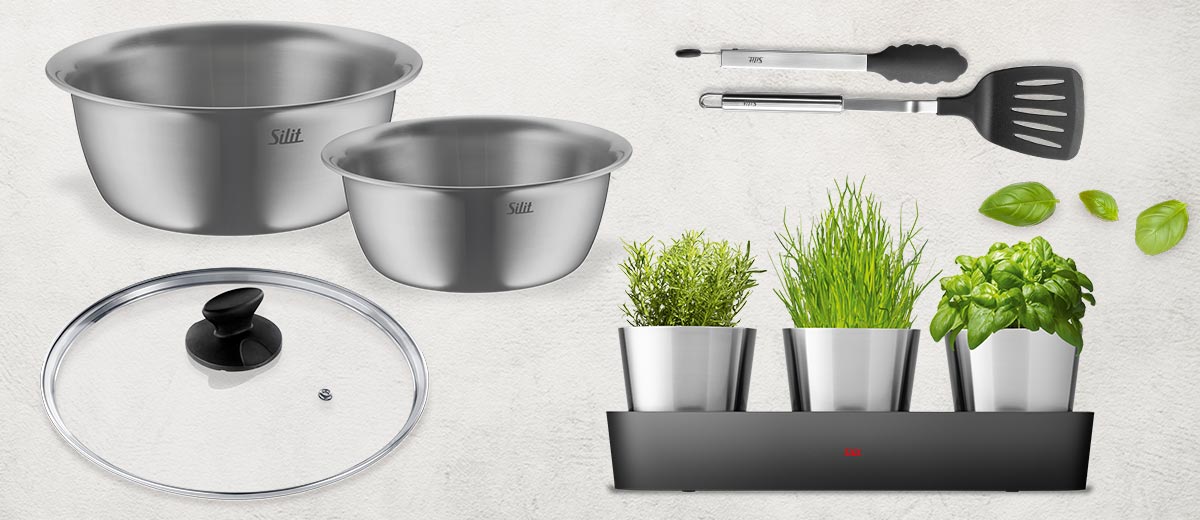 Produktabbildungen: Schüsseln, Küchenhelfer, Kräutergarten mit drei Edelstahltöpfen