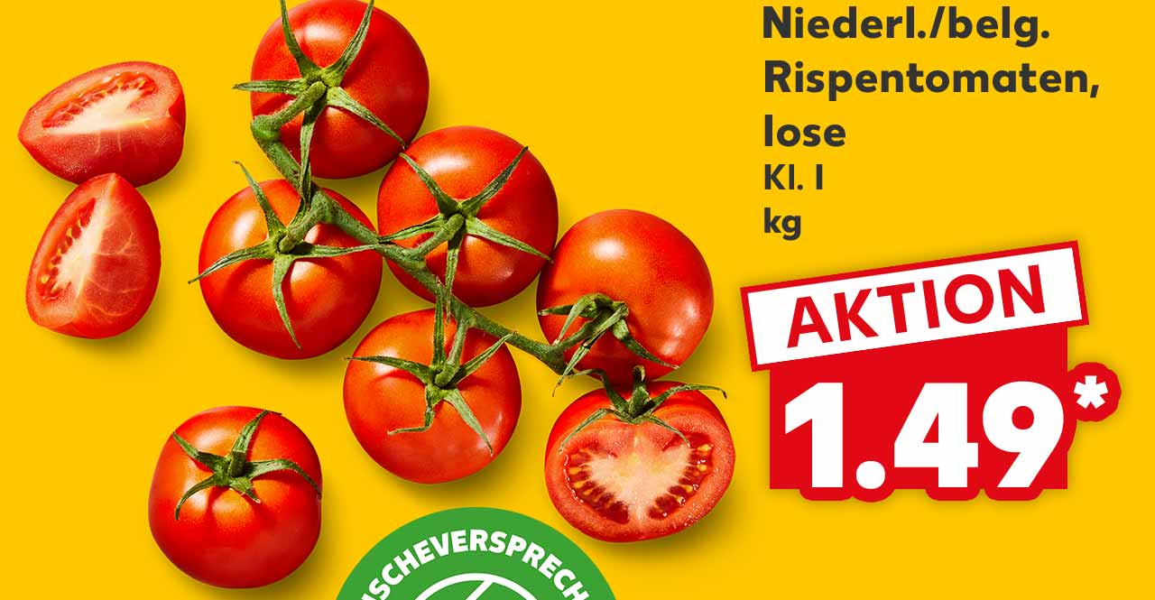 Niederl./belg. Rispentomaten, lose, Kl. I, kg für 1.49 Euro*; Logo: FRISCHEVERSPRECHEN KAUFLAND QUALITÄT