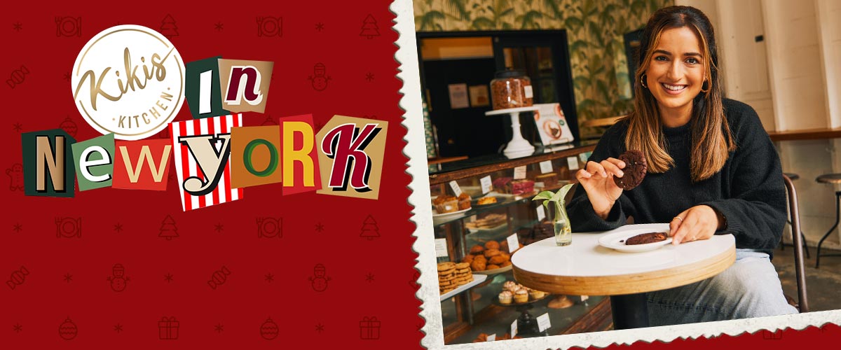 Logo: Kikis Kitchen in New York; Abbildung: Kiki in einem Backshop in New York