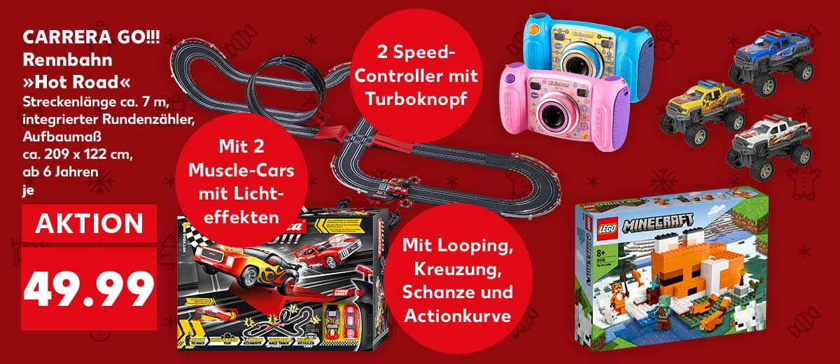 CARRERA GO!!! Rennbahn »Hot Road«, Streckenlänge ca. 7 m, integrierter Rundenzähler, Aufbaumaß ca. 209 x 122 cm, ab 6 Jahren, je 49.99 Euro; Störer: Mit 2 Muscle-Cars mit Lichteffekten; Störer: 2 Speed-Controller mit Turboknopf; Störer: Mit Looping, Kreuzung, Schanze und Actionkurve; Weitere Produktabbildungen: VTECH Kidizoom Kid 2, DICKIE Spielauto, LEGO Spielsets