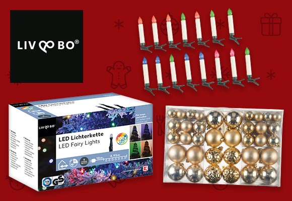 Logo: LIV&BO®; Produktabbildungen: Kabellose LED-Weihnachtsbaumkerzen, Lichterkette mit 100 LEDs, Weihnachtskugeln