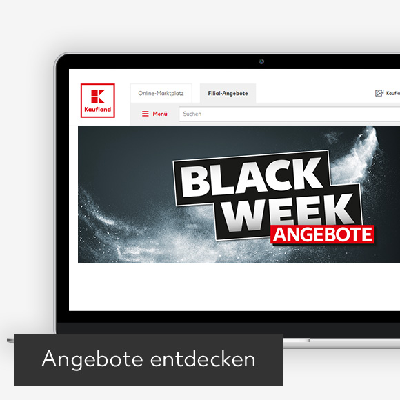 Abbildung: Laptop zeigt Black-Week-Angebote auf Kaufland-Webseite; Button: Angebote entdecken