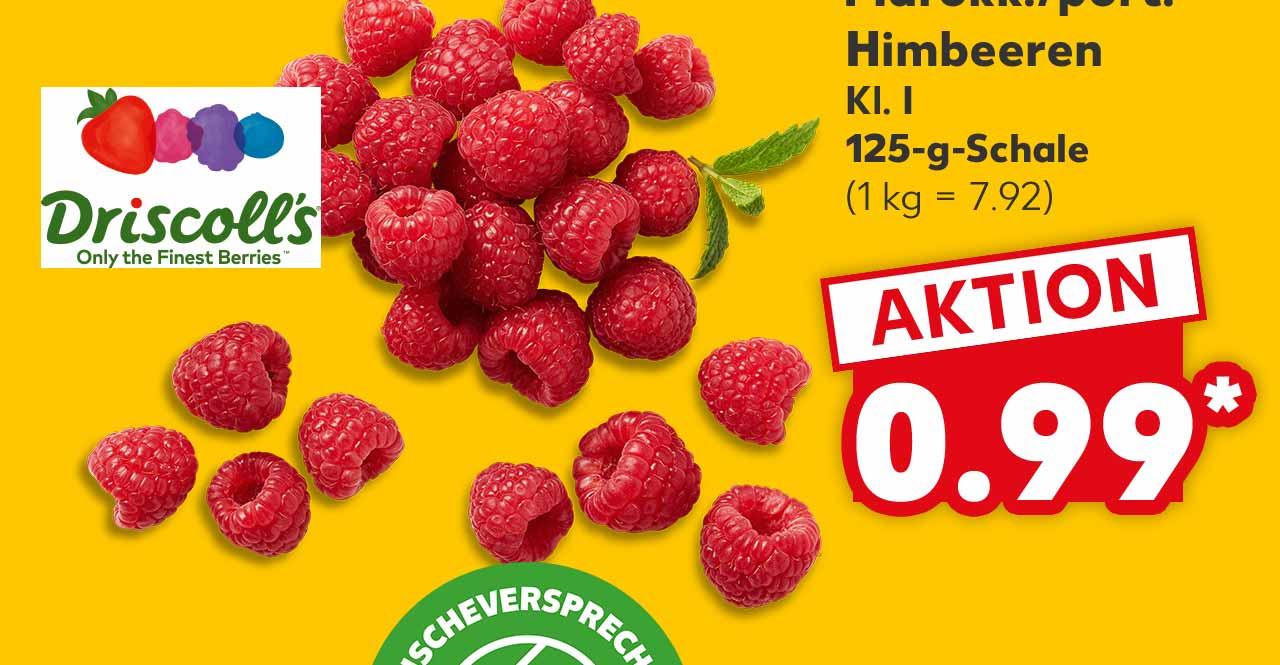 Marokk./port. Himbeeren, Kl. I, 125-g-Schale für 0.99 Euro* (1 kg = 7.92); Logo: Driscoll's; Logo: FRISCHEVERSPRECHEN KAUFLAND QUALITÄT