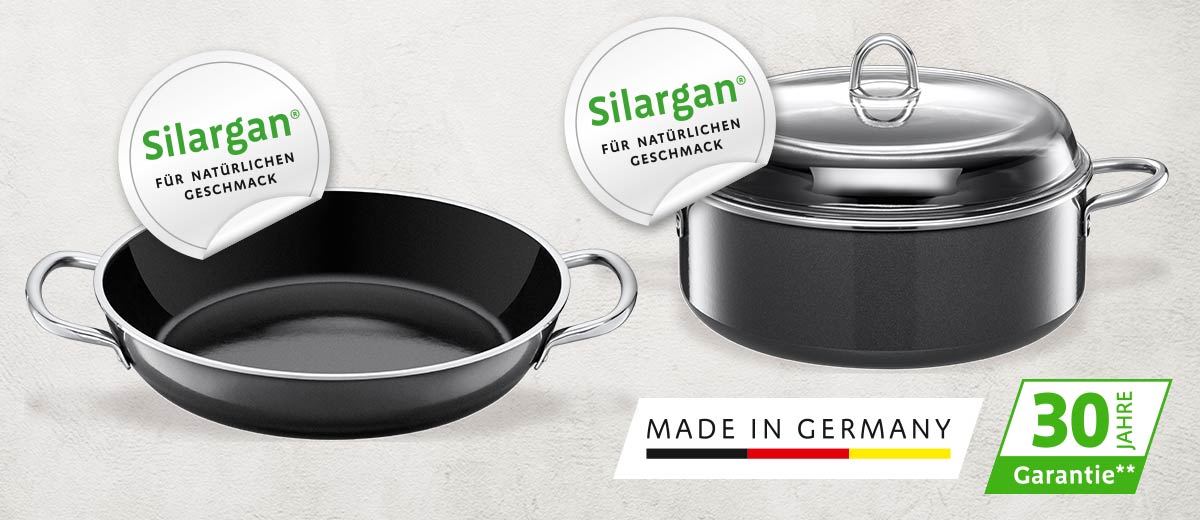 Produktabbildungen: COLLEXIO Silargan® Servierpfanne oder Schmortopf; Logo: Silargan®; Logo: Made in Germany; Logo: 30 Jahre Garantie**
