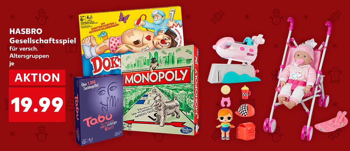 HASBRO Gesellschaftsspiel, versch. Spiele, für versch. Altersgruppen, je 19.99 Euro; Weitere Produktabbildungen: L.O.L. SURPRISE! Spielset »Möbel«, KIDLAND® Babypuppe mit Buggy
