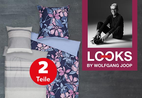 Logo: LOOKS BY WOLFGANG JOOP; Produktabbildungen: Mako-Satin-Bettwäsche-Set; Störer: 2 Teile
