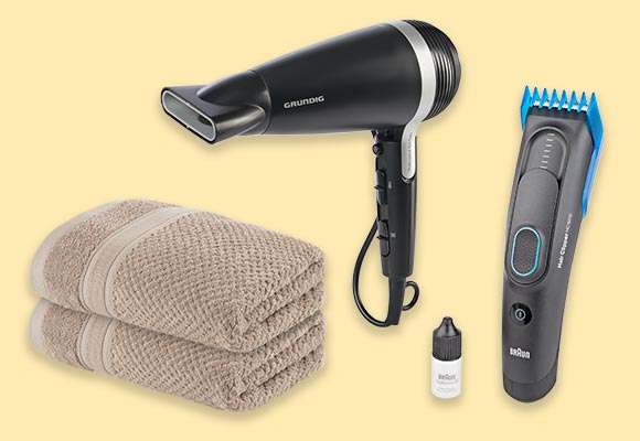 LIV&BO® Frottier-Tücher, GRUNDIG Ionic-Haartrockner »HD 7082«, BRAUN Haarschneider »HC5050«