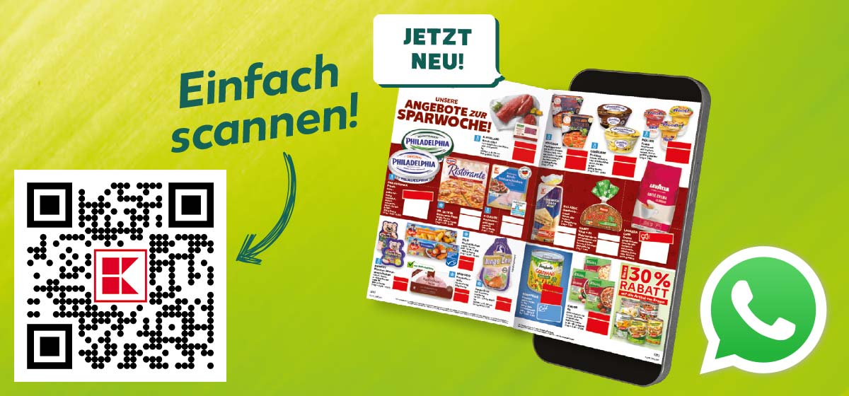 Logo: WhatsApp; Smartphone mit einem Prospekt; Schriftzug: Einfach scannen! zeigt auf QR-Code; Störer: JETZT NEU!