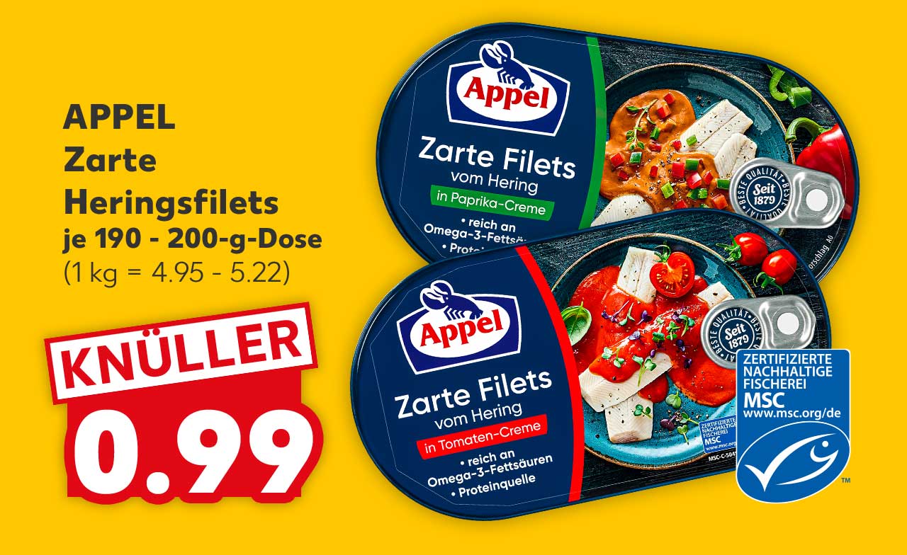 APPEL Zarte Heringsfilets, in versch. Cremes, je 190 - 200-g-Dose für 0.99 Euro (1 kg = 4.95 - 5.22); Logo: MSC-zertifizierte nachhaltige Fischerei