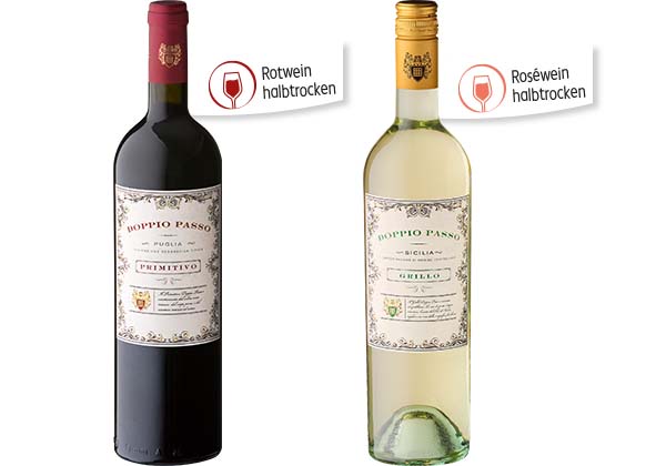 DOPPIO PASSO Primitivo IGT oder Grillo DOC, versch. Sorten; Störer an der jeweiligen Flasche: Rotwein halbtrocken; Roséwein halbtrocken