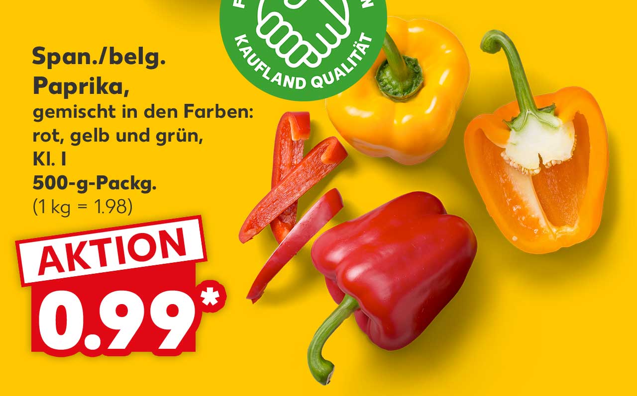 Span./belg. Paprika, gemischt in den Farben: rot, gelb und grün, Kl. I; 500-g-Packg. für 0.99 Euro* (1 kg = 1.98)