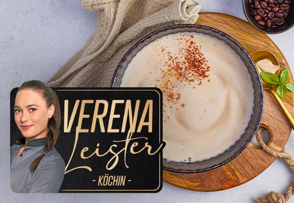Rezept: Selleriecappuccino mit Kaffeeschaum; Logo: VERENA Leister -KÖCHIN-