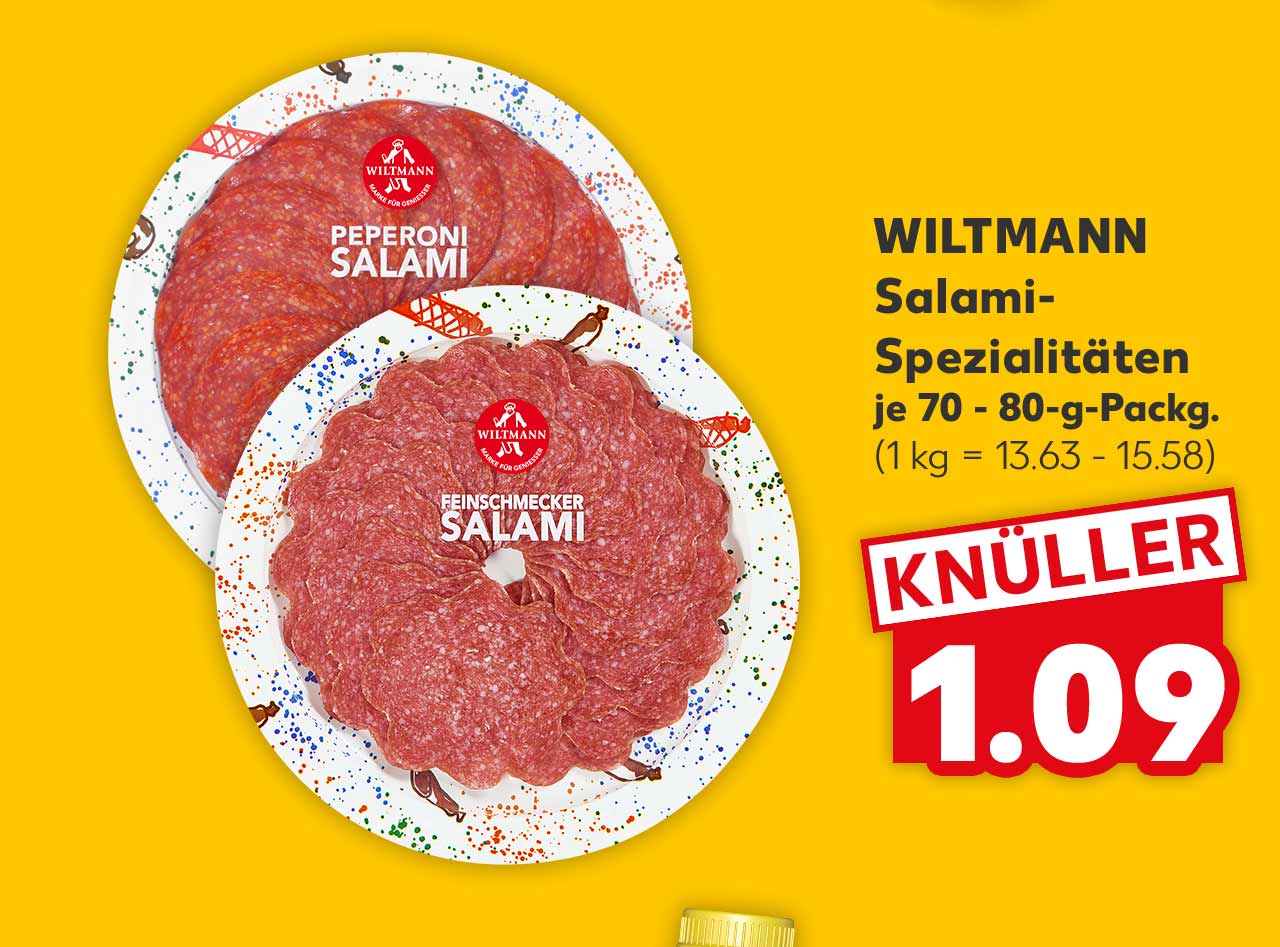 WILTMANN Salami-Spezialitäten, versch. Sorten, je 70 - 80-g-Packg. für 1.09 Euro (1 kg = 13.63 - 15.58)