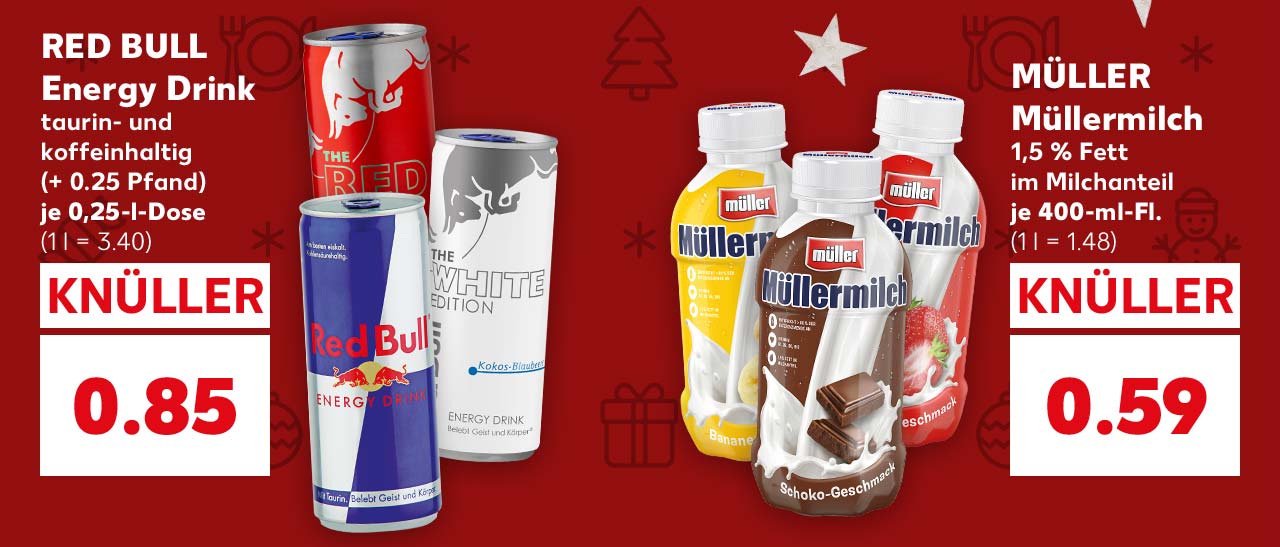 RED BULL Energy Drink, taurin- und koffeinhaltig, versch. Sorten, (+ 0.25 Pfand), je 0,25-l-Dose für 0.85 Euro (1 l = 3.40); MÜLLER Müllermilch, 1,5 % Fett im Milchanteil, versch. Sorten, je 400-ml-Fl. für 0.59 Euro (1 l = 1.48)