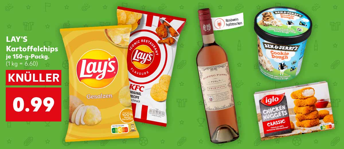 LAY'S Kartoffelchips, versch. Sorten, je 150-g-Packg. für 0.99 Euro (1 kg = 6.60); Weitere Produktabbildungen: IGLO Chicken-Nuggets, DOPPIO PASSO Primitivo Rosato IGT, Fähnchen an der Flasche: Roséwein halbtrocken, BEN & JERRY'S Eis