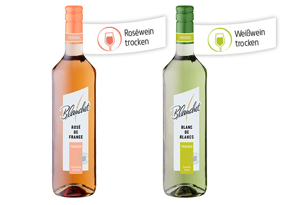 BLANCHET Blanc de Blancs, Rouge oder Rosé de France, Fähnchen an der jeweiligen Flasche: Roséwein trocken, Weißwein trocken