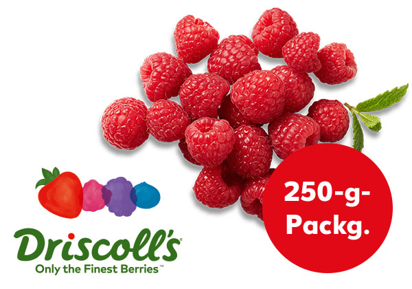 Portug./marokk. Himbeeren; Logo: Driscoll's; Störer: 250-g-Packg.