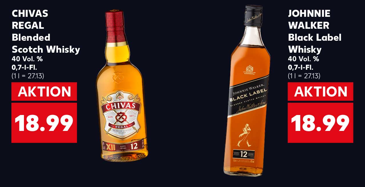 CHIVAS REGAL Blended Scotch Whisky, 40 Vol. %, 0,7-l-Fl. für 18.99 Euro (1 l = 27.13); JOHNNIE WALKER Black Label Whisky, 40 Vol. %, 0,7-l-Fl. für 18.99 Euro (1 l = 27.13)
