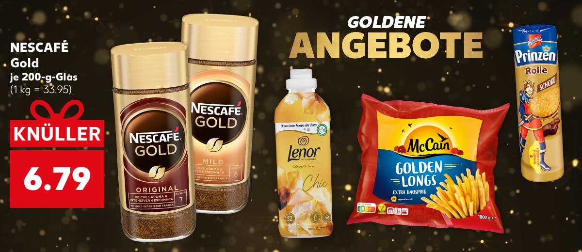 Schriftzug: GOLDENE ANGEBOTE; NESCAFÉ Gold, versch. Sorten, je 200-g-Glas für 6.79 Euro (1 kg = 33.95); Weitere Produktabbildungen: LENOR Weichspüler, MCCAIN Golden Longs, DE BEUKELAER Prinzen-Rolle