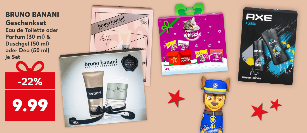 BRUNO BANANI Geschenkset, Eau de Toilette oder Parfum (30 ml) & Duschgel (50 ml) oder Deo (50 ml), versch. Sorten, je Set für 9.99 Euro (UVP 12.95); Weitere Produktabbildungen: WHISKAS, PEDIGREE, DREAMIES oder SHEBA, AXE Geschenkset, PAW PATROL, SPIDERMAN, EAU MY UNICORN oder IRON MAN 2in1 Shampoo und Duschgel
