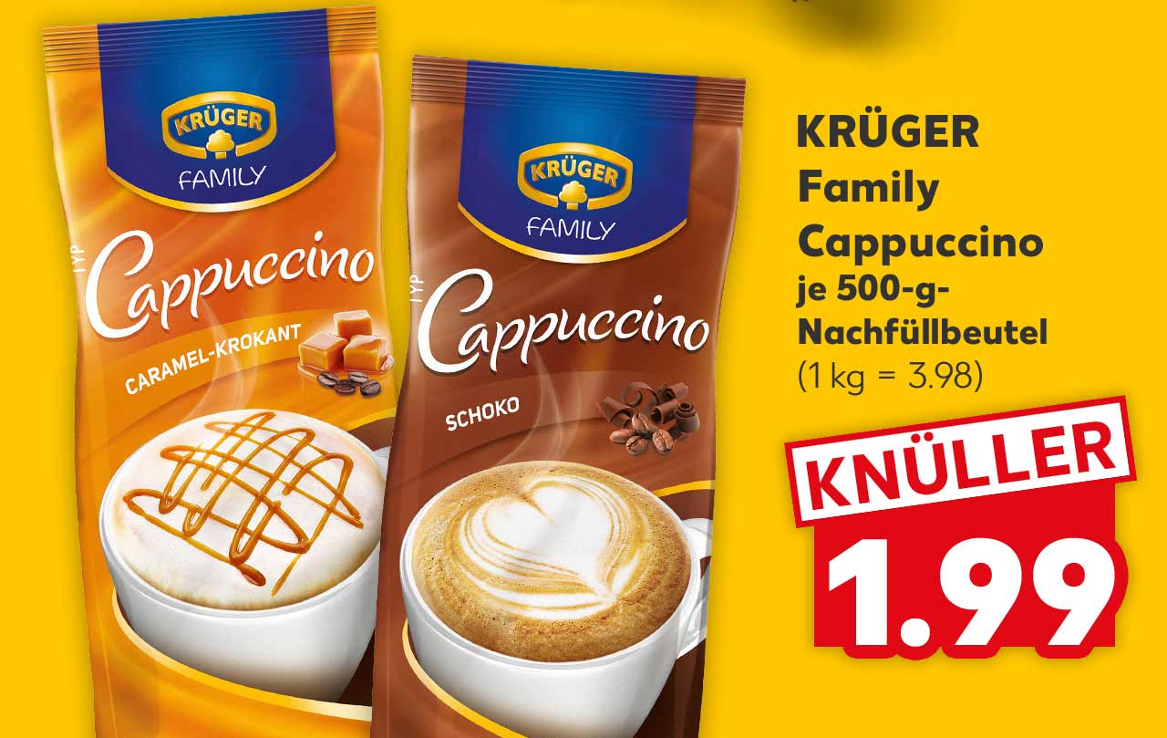 KRÜGER Family Cappuccino, versch. Sorten, je 500-g-Nachfüllbeutel für 1.99 Euro (1 kg = 3.98)