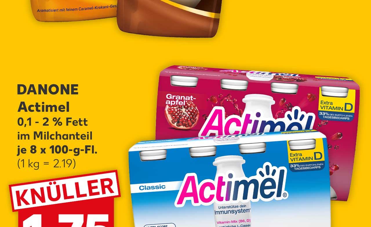 DANONE Actimel, versch. Sorten, 0,1 - 2 % Fett im Milchanteil, je 8 x 100-g-Fl. für 1.75 Euro (1 kg = 2.19)