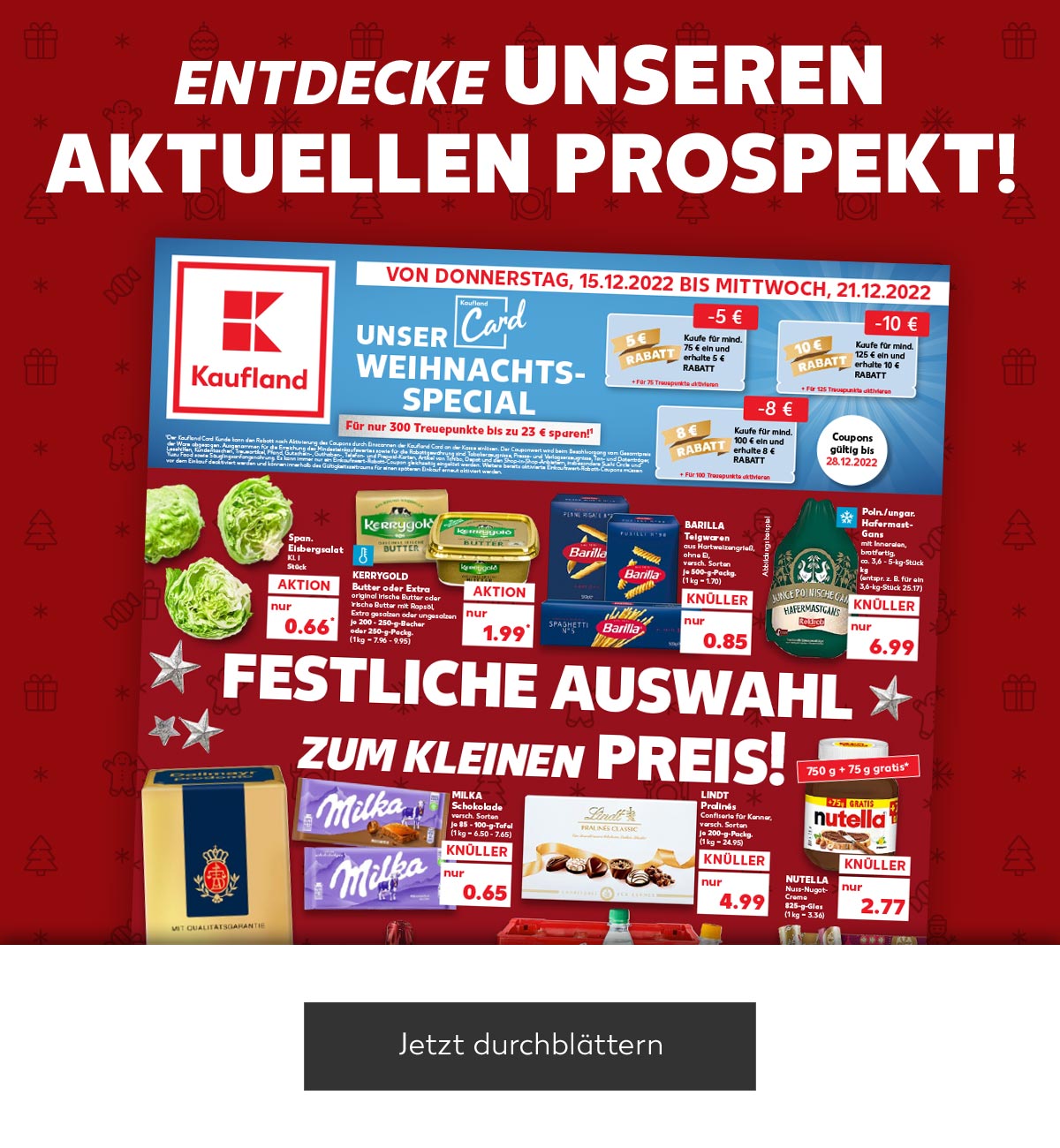 Schriftzug: ENTDECKE UNSEREN AKTUELLEN PROSPEKT!; Abbildung: Titelseite Prospekt; Button: Jetzt durchblättern