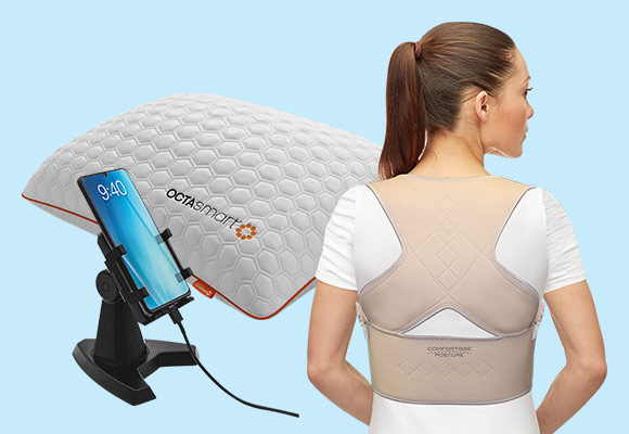 Produktabbildungen: Rückenstabilisator »Comfortisse Posture«, OCTASLEEP »OCTAsleep Smart«-Kissen, Handy-Halterung »Desk Call«