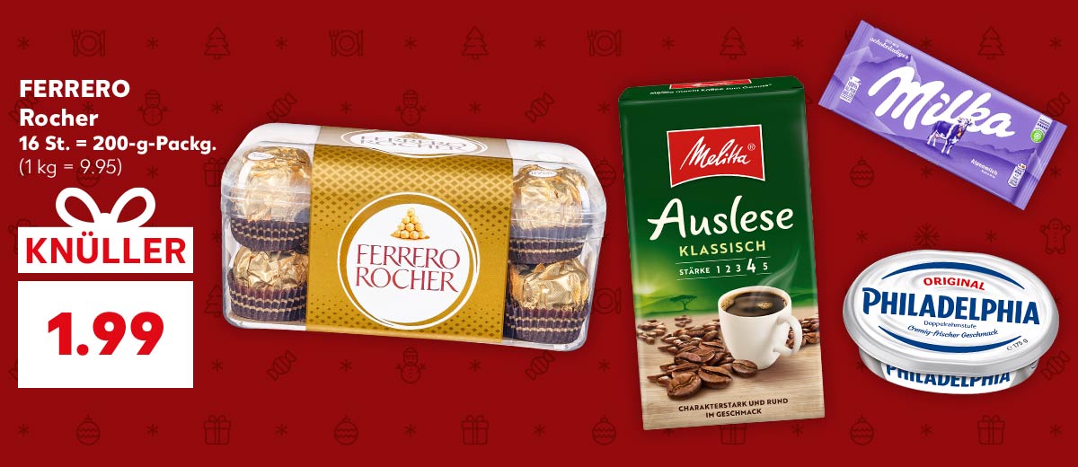 FERRERO Rocher, 16 St. = 200-g-Packg. für 1.99 Euro (1 kg = 9.95); Weitere Produktabbildungen: MELITTA Kaffee, MILKA Schokolade, PHILADELPHIA Frischkäsezubereitung