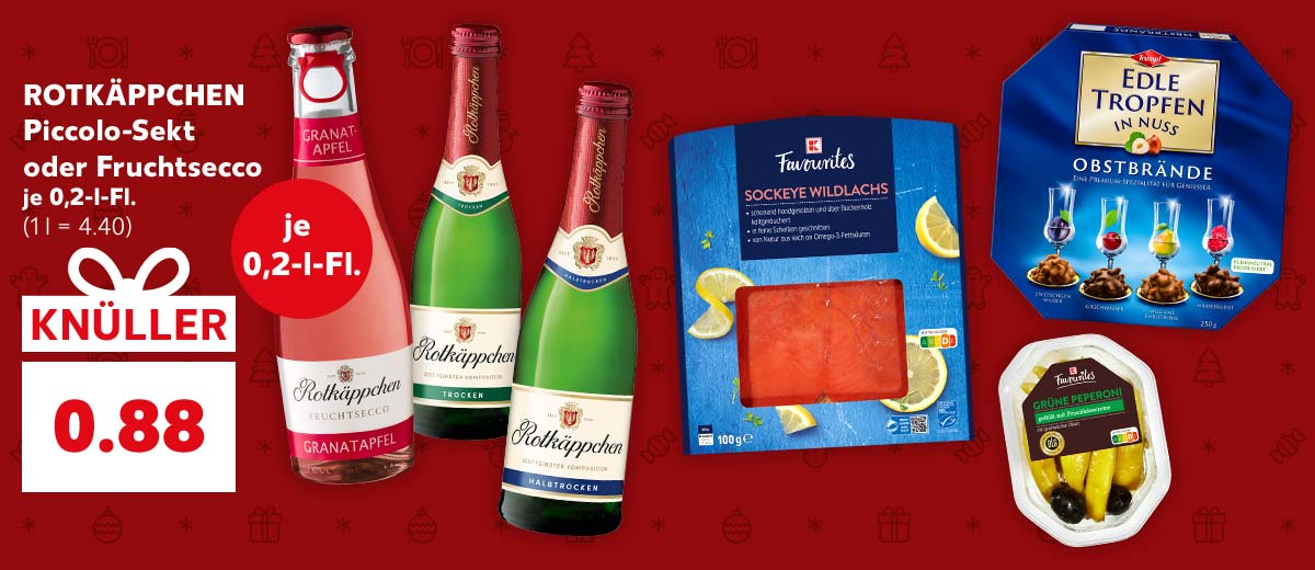 ROTKÄPPCHEN Piccolo-Sekt oder Fruchtsecco, versch. Sorten, je 0,2-l-Fl. für 0.88 Euro (1 l = 4.40); Störer: je 0,2-l-Fl.; Weitere Produktabbildungen: K-FAVOURITES Sockeye-Wildlachs, TRUMPF Edle Tropfen in Nuss, K-FAVOURITES Antipasti