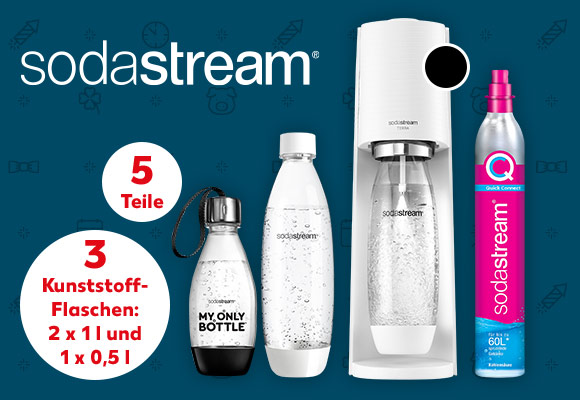 Logo: sodastream® Wassersprudler »TERRA« Promo-Pack; Störer: 5 Teile; Störer: 3 Kunststoff-Flaschen: 2 x 1 l und 1 x 0,5 l