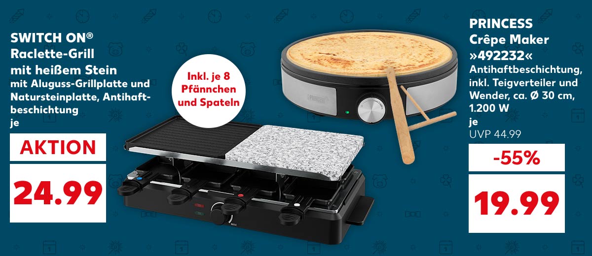 SWITCH ON® Raclette-Grill mit heißem Stein, mit Aluguss-Grillplatte und Natursteinplatte, Antihaftbeschichtung, für je 24.99 Euro; Störer: Inkl. je 8 Pfännchen und Spateln; PRINCESS Crêpe Maker »492232«, Antihaftbeschichtung, inkl. Teigverteiler und Wender, ca. Ø 30 cm, 1.200 W, je 19.99 Euro (UVP 44.99)