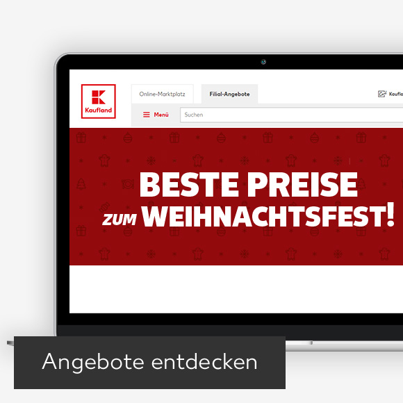 Abbildung: Laptop zeigt beste Preise zum Weihnachtsfest auf Kaufland-Webseite; Button: Angebote entdecken