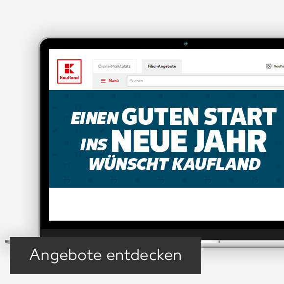 Abbildung: Laptop zeigt Knüllerangebote auf Kaufland-Webseite; Button: Angebote entdecken