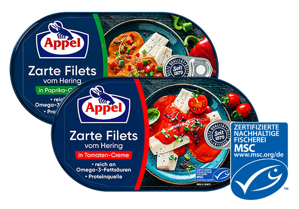 APPEL Zarte Heringsfilets, versch. Sorten; Logo: MSC-zertifizierte nachhaltige Fischerei