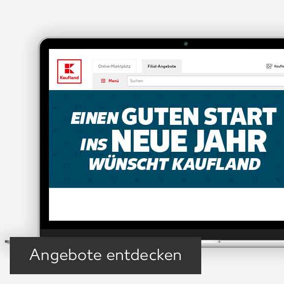 Abbildung: Laptop zeigt Knüllerpreise auf Kaufland-Webseite; Button: Angebote entdecken