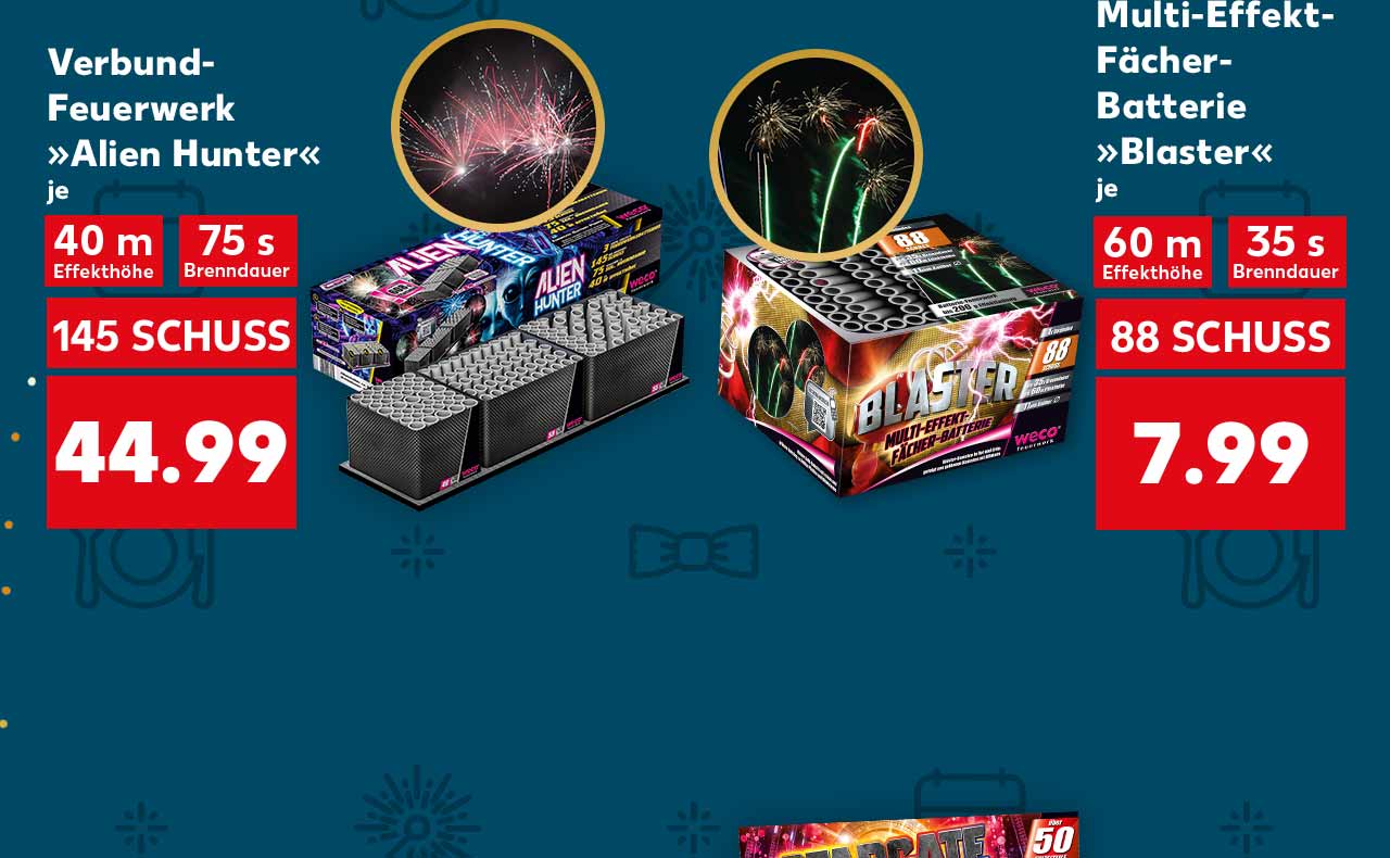 Verbund-Feuerwerk »Alien Hunter«, für je 44.99 Euro; 145 SCHUSS, 40 m Effekthöhe, 75 s Brenndauer; Multi-Effekt-Fächer-Batterie »Blaster«, für je 7.99 Euro; 88 SCHUSS, 60 m Effekthöhe, 35 s Brenndauer