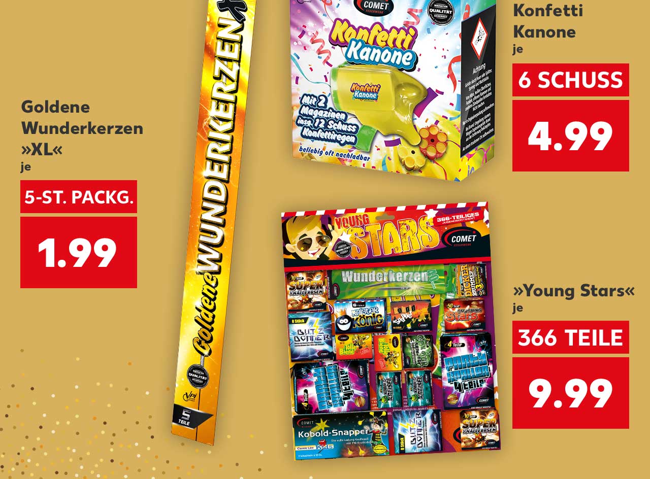 JUGENDFEUERWERK ERHÄLTLICH AB 12 JAHREN; Goldene Wunderkerzen »XL«, je 5-St.-Packg. für 1.99 Euro; Konfetti-Kanone, für je 4.99 Euro, 6 SCHUSS; »Young Stars«, für je 9.99 Euro; 366 TEILE