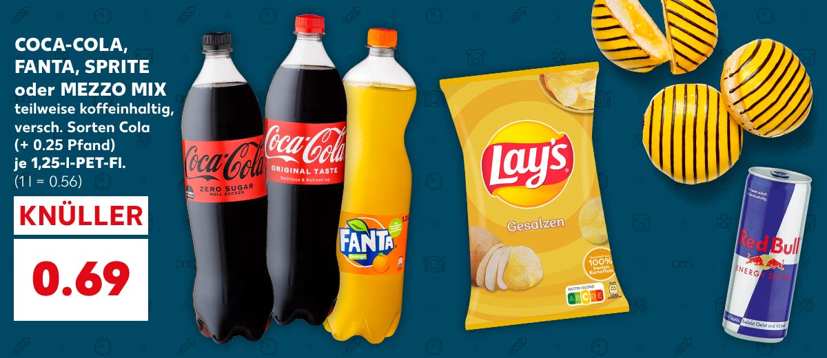 COCA-COLA, FANTA, SPRITE oder MEZZO MIX, teilweise koffeinhaltig, versch. Sorten Cola, (+ 0.25 Pfand), je 1,25-l-PET-Fl. für 0.69 Euro (1 l = 0.56); Weitere Knüllerangebote: LAY'S Kartoffelchips, Berliner/Pfannkuchen, RED BULL Energy Drink