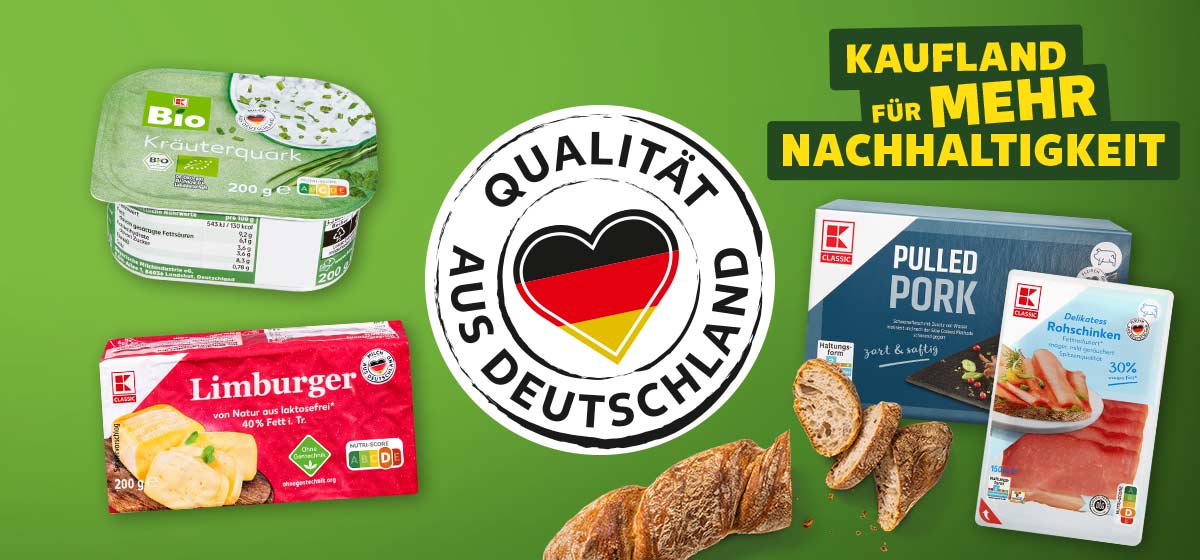 Logo: QUALITÄT AUS DEUTSCHLAND; Schriftzug: KAUFLAND FÜR MEHR NACHHALTIGKEIT; Produktabbildungen: K-BIO Kräuterquark, K-CLASSIC Limburger, K-CLASSIC Pulled Pork oder Pulled Turkey, Rustikales Wurzelbrot, K-CLASSIC Rohschinken