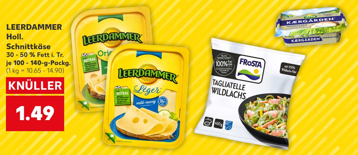LEERDAMMER Holl. Schnittkäse, versch. Sorten, 30 - 50 % Fett i. Tr., je 100 - 140-g-Packg. für 1.49 Euro (1 kg = 10.65 - 14.90); Weitere Produktabbildungen: FROSTA Fertiggerichte, ARLA Kaergarden
