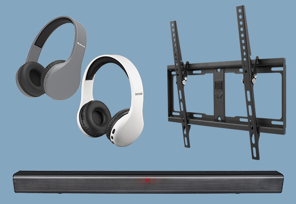 Produktabbildungen: DENVER Bluetooth-Kopfhörer »BTH-240K«, ONE FOR ALL TV-Wandhalterung »WM 4421«, DENVER Soundbar »DSB-4020K«