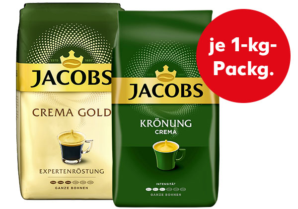 JACOBS Kaffee Crema, versch. Sorten; Störer: je 1-kg-Packg.