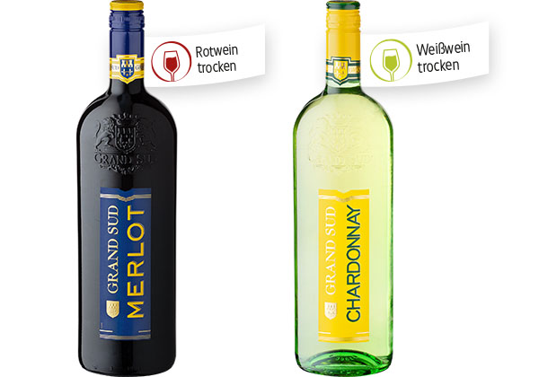 GRAND SUD Merlot, Merlot Rosé, Chardonnay oder Grenache; Fähnchen an Flaschen: Rotwein trocken, Weißwein trocken
