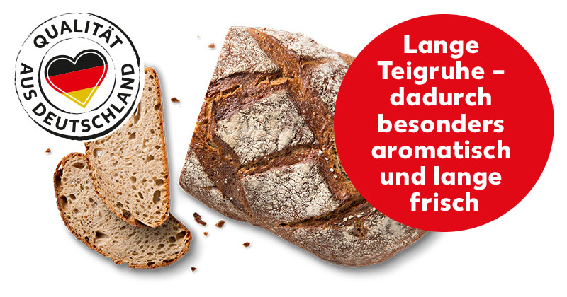 Bergbauernbrot**; Logo: Qualität aus Deutschland; Störer: Lange Teigruhe – dadurch besonders aromatisch und lange frisch