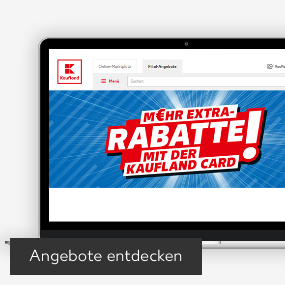 Abbildung: Laptop zeigt Knüllerangebote auf Kaufland-Webseite; Button: Angebote entdecken