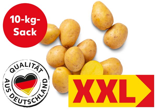Dtsch. Speisekartoffeln, Logo: QUALITÄT AUS DEUTSCHLAND; Logo: XXL; Störer: 10-kg-Sack