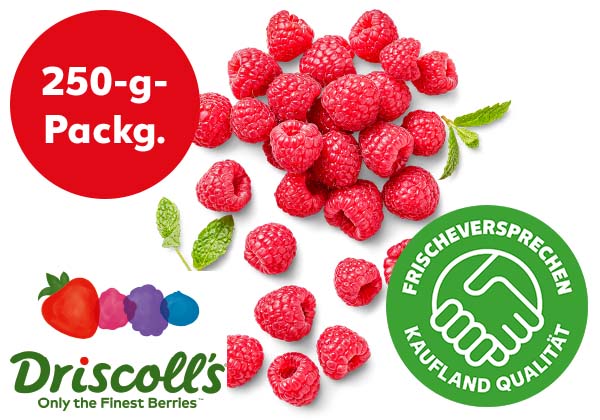 Portug./marokk. Himbeeren; Logo: Driscoll's; Logo: FRISCHEVERSPRECHEN KAUFLAND QUALITÄT; Störer: 250-g-Packg.