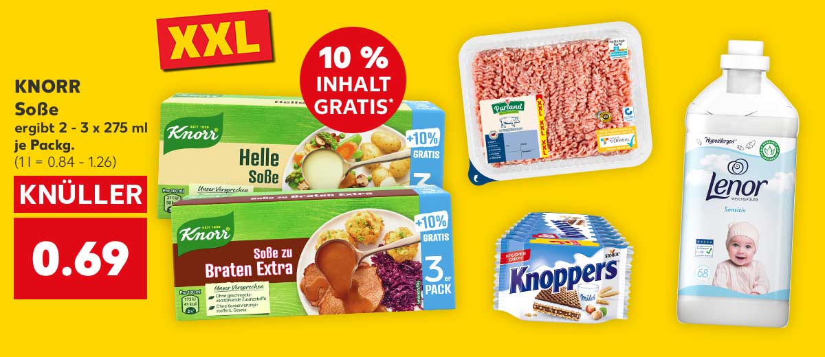 Logo: XXL; KNORR Soße, versch. Sorten, ergibt 2 - 3 x 275 ml, je Packg. für 0.69 Euro (1 l = 0.84 - 1.26); Störer: 10 % INHALT GRATIS*; Weitere Produktabbildungen: K-PURLAND Schweinehackfleisch, KNOPPERS, LENOR Weichspüler