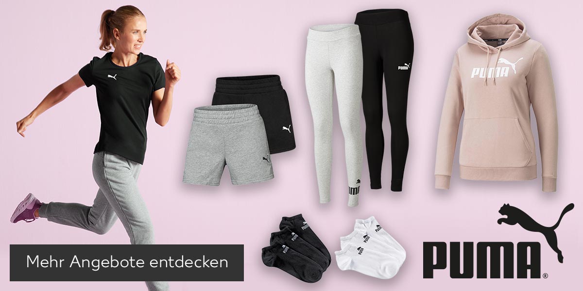 Logo: PUMA; Produktabbildungen: Frau macht Sport mit Sweathose und T-Shirt, Damen-Leggings, Sweathoodie, Shorts, Sneaker- oder Sportsocken; Button: Mehr Angebote entdecken